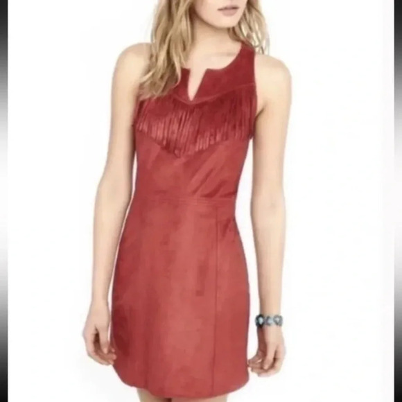 Express Western Fringe Mini Dress in Burnt Orange Red Faux Suede Size Large L - Picture 3 of 3